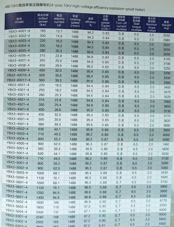 10kv高壓防爆電機(jī)參數(shù)表
